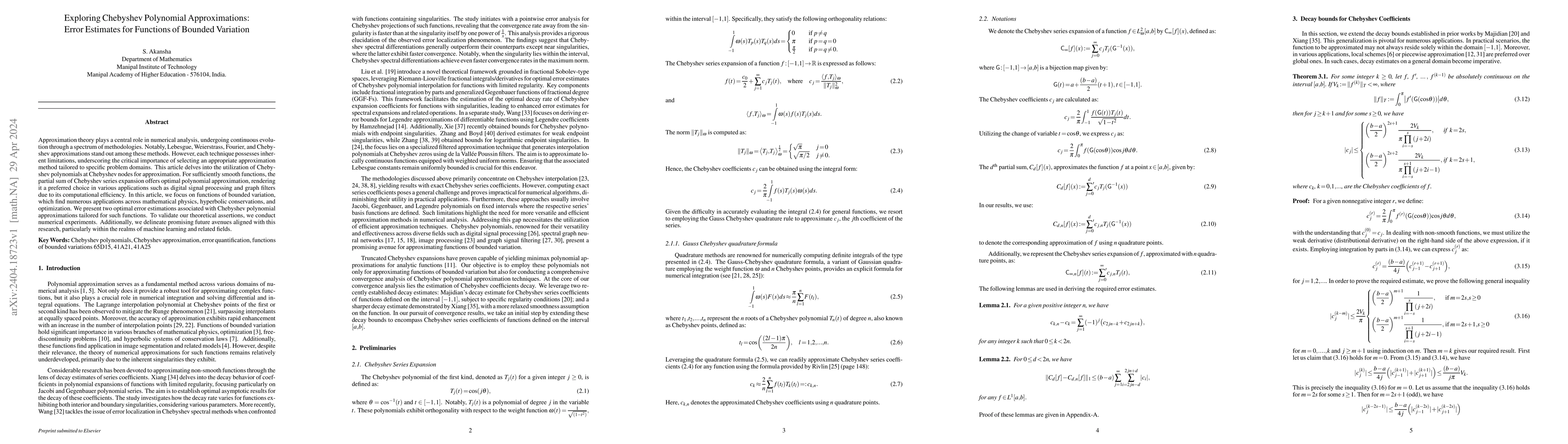 Thumbnail for Exploring Chebyshev Polynomial Approximations: Error Estimates for
  Functions of Bounded Variation