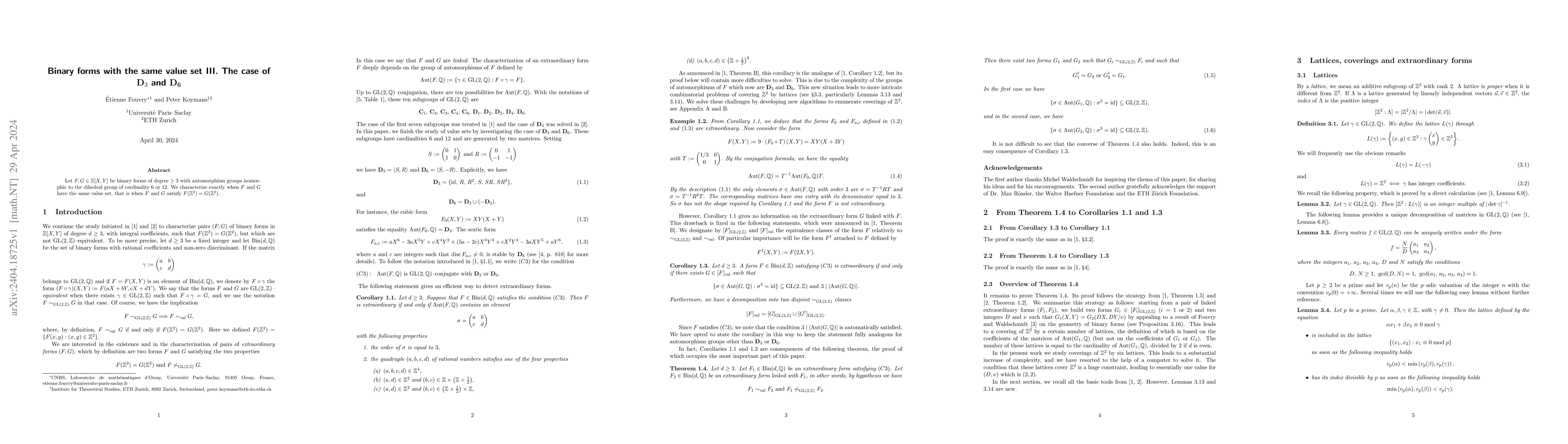 Thumbnail for Binary forms with the same value set III. The case of ${\bf D}_3$ and
  ${\bf D_6}$