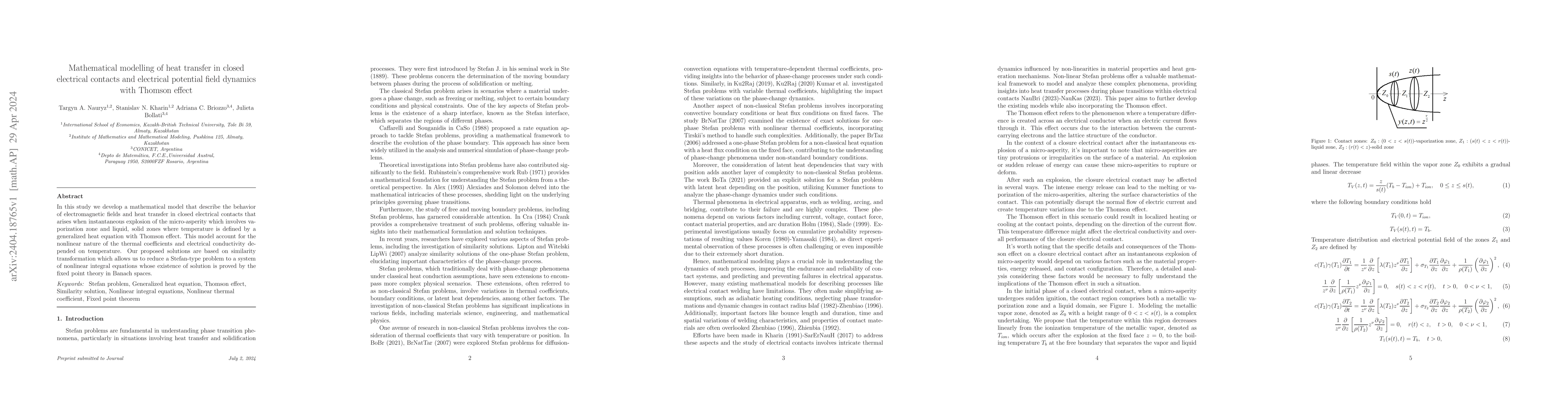 Thumbnail for Mathematical modelling of heat transfer in closed electrical contacts
  and electrical potential field dynamics with Thomson effect