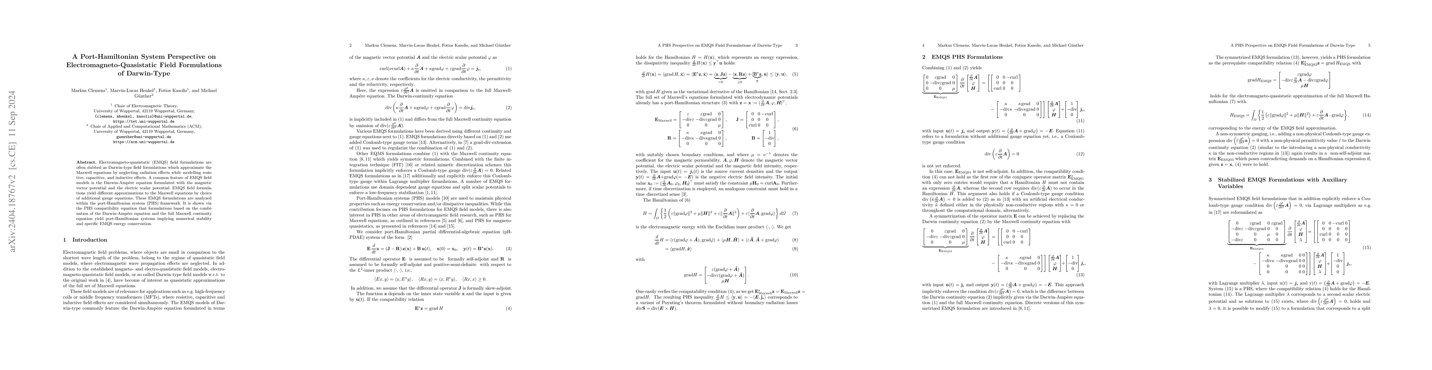 Thumbnail for A Port-Hamiltonian System Perspective on Electromagneto-Quasistatic
  Field Formulations of Darwin-Type