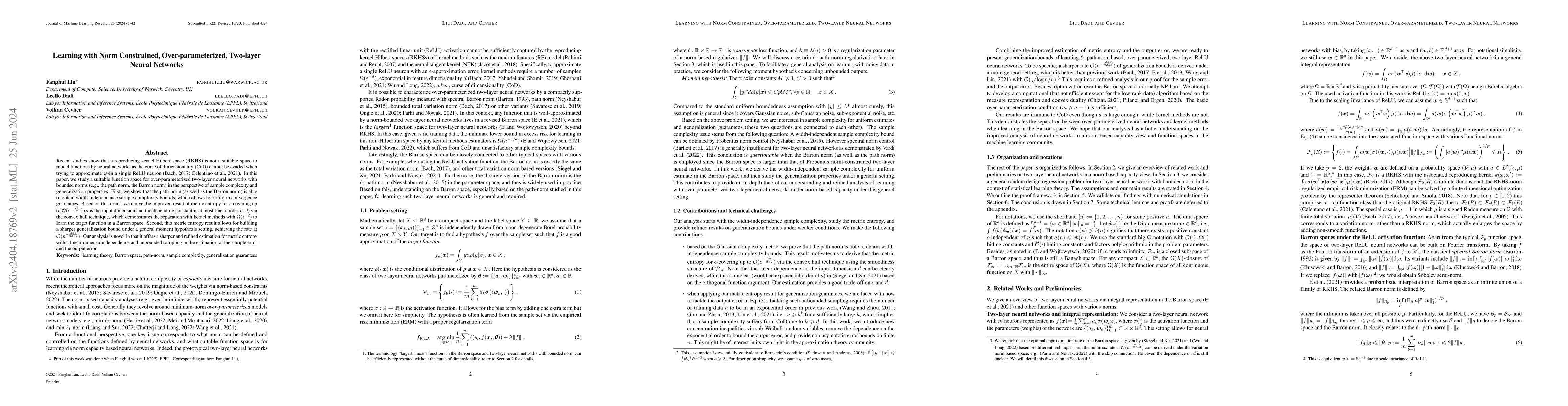 Thumbnail for Learning with Norm Constrained, Over-parameterized, Two-layer Neural
  Networks