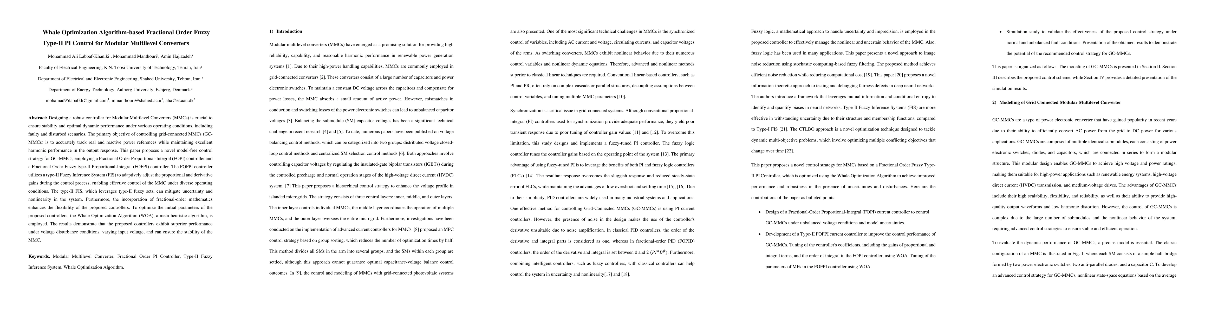Thumbnail for Whale Optimization Algorithm-based Fractional Order Fuzzy Type-II PI
  Control for Modular Multilevel Converters