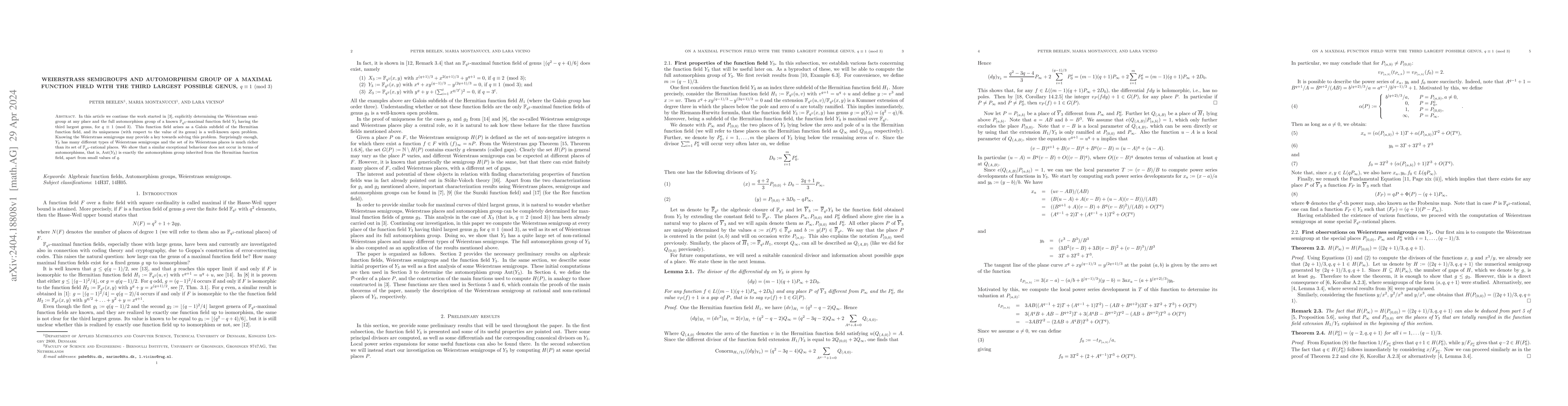 Thumbnail for Weierstrass semigroups and automorphism group of a maximal function
  field with the third largest possible genus, $q \equiv 1 \pmod 3$