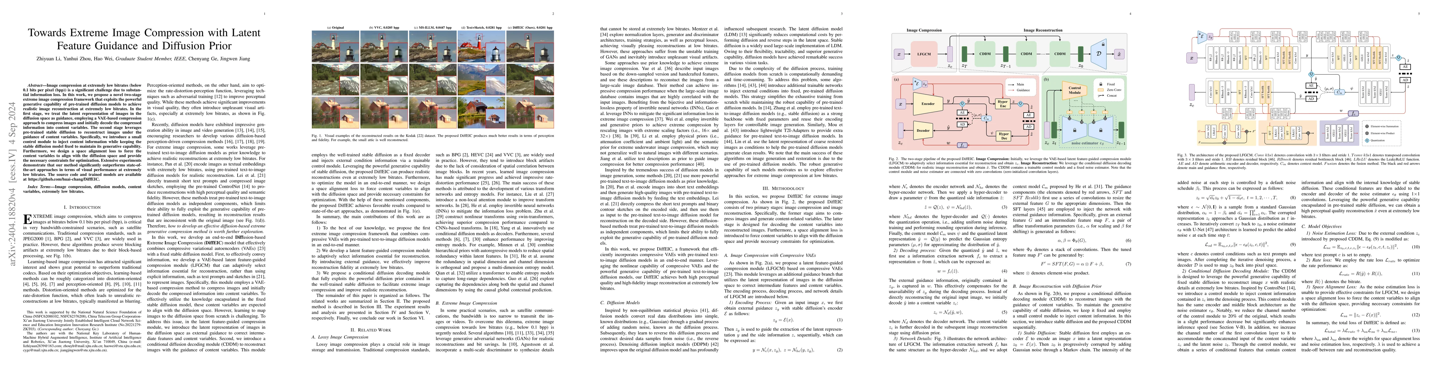 Thumbnail for Towards Extreme Image Compression with Latent Feature Guidance and
  Diffusion Prior