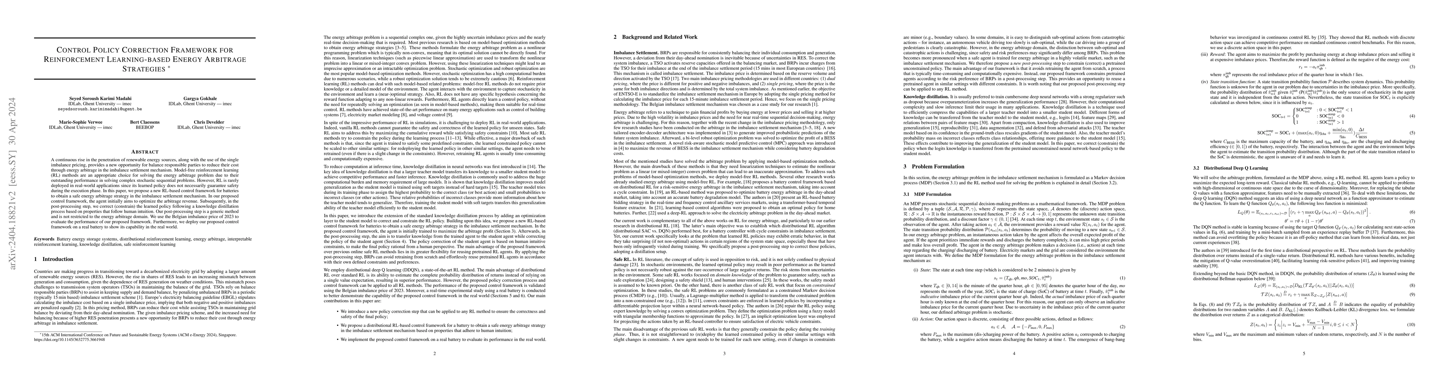 Thumbnail for Control Policy Correction Framework for Reinforcement Learning-based
  Energy Arbitrage Strategies