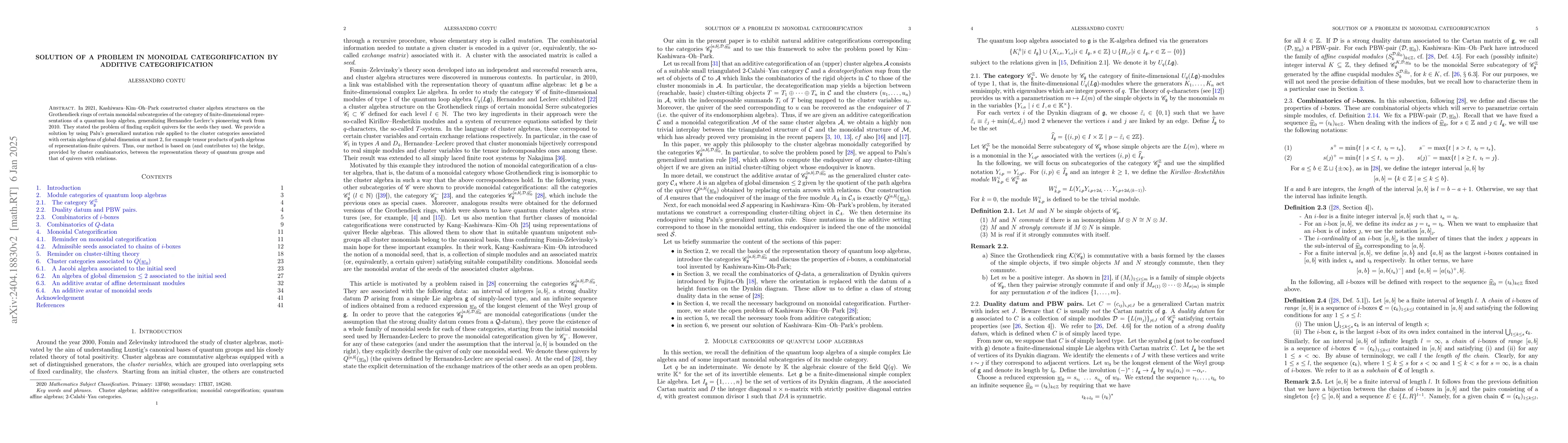 Thumbnail for Solution of a Problem in Monoidal Categorification by Additive
  Categorification