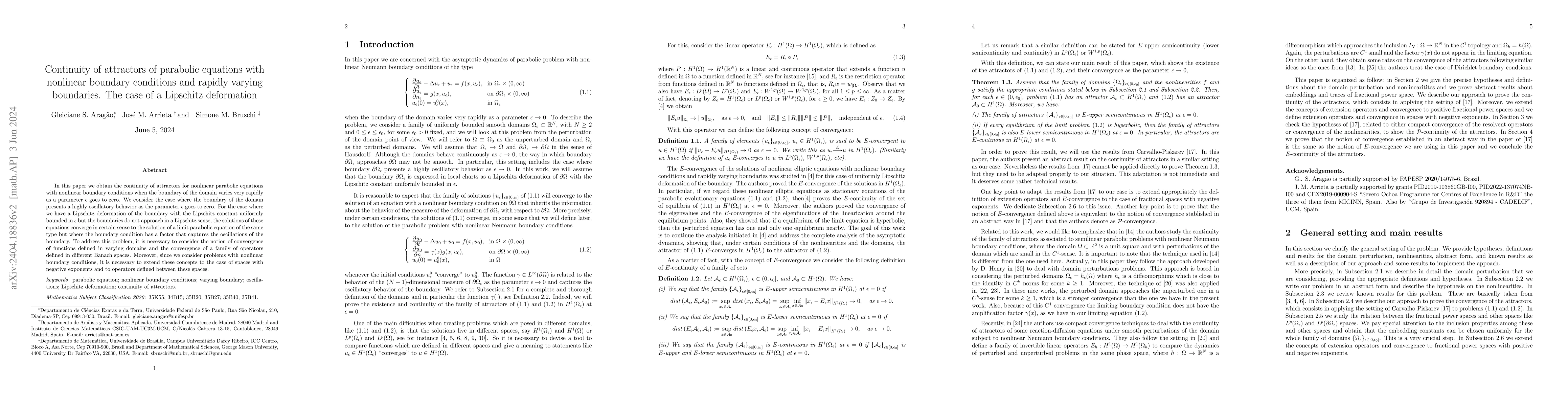 Thumbnail for Continuity of attractors of parabolic equations with nonlinear boundary
  conditions and rapidly varying boundaries. The case of a Lipschitz
  deformation