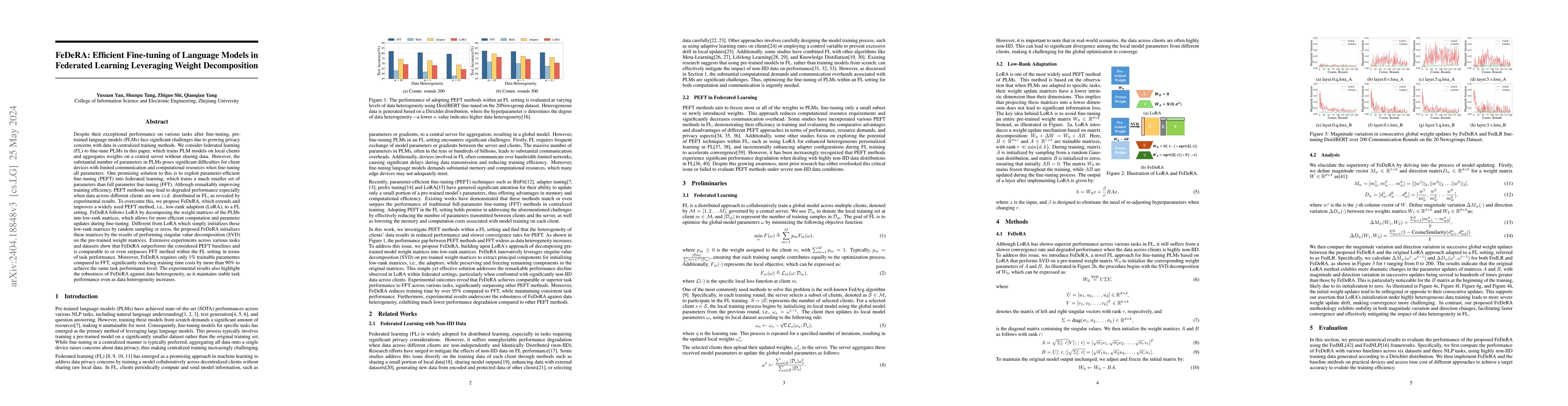 Thumbnail for FeDeRA:Efficient Fine-tuning of Language Models in Federated Learning
  Leveraging Weight Decomposition