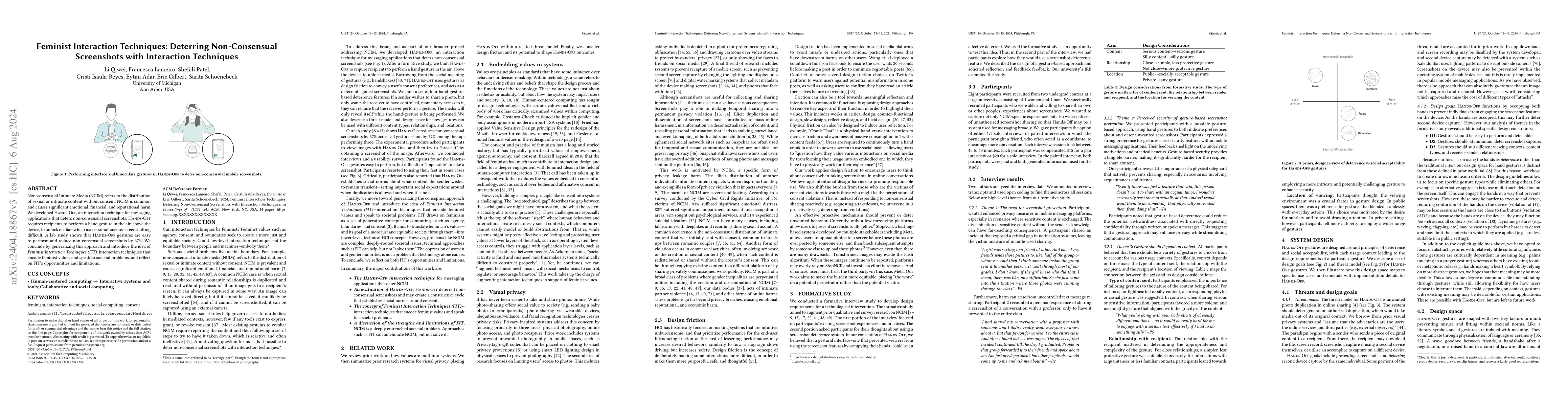 Thumbnail for Feminist Interaction Techniques: Deterring Non-Consensual Screenshots
  with Interaction Techniques