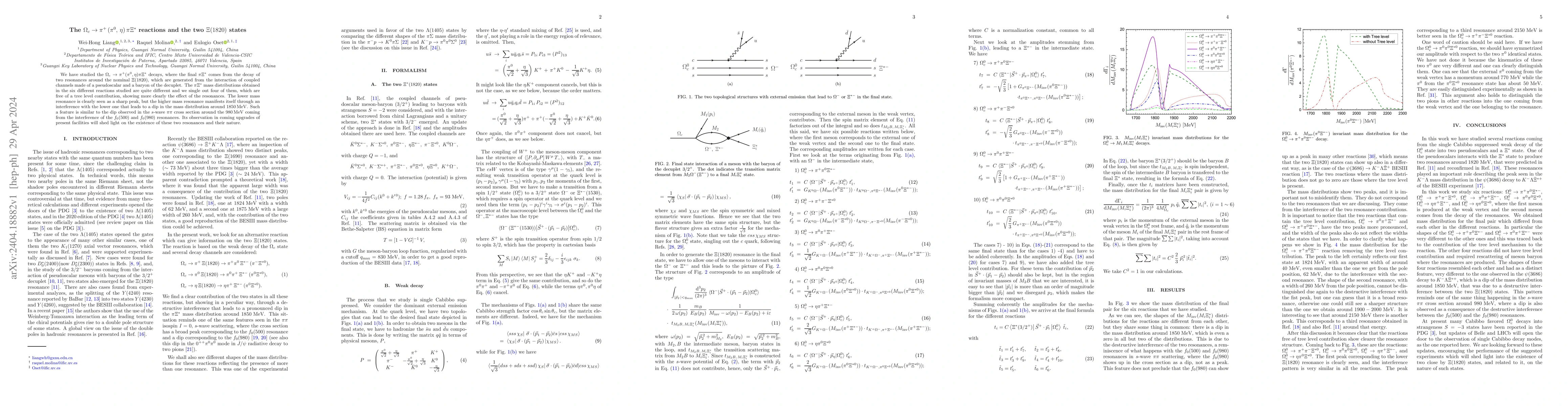 Thumbnail for The $\Omega_c \to \pi^+ \, (\pi^0,\, \eta)\, \pi \Xi^*$ reactions and
  the two $\Xi(1820)$ states