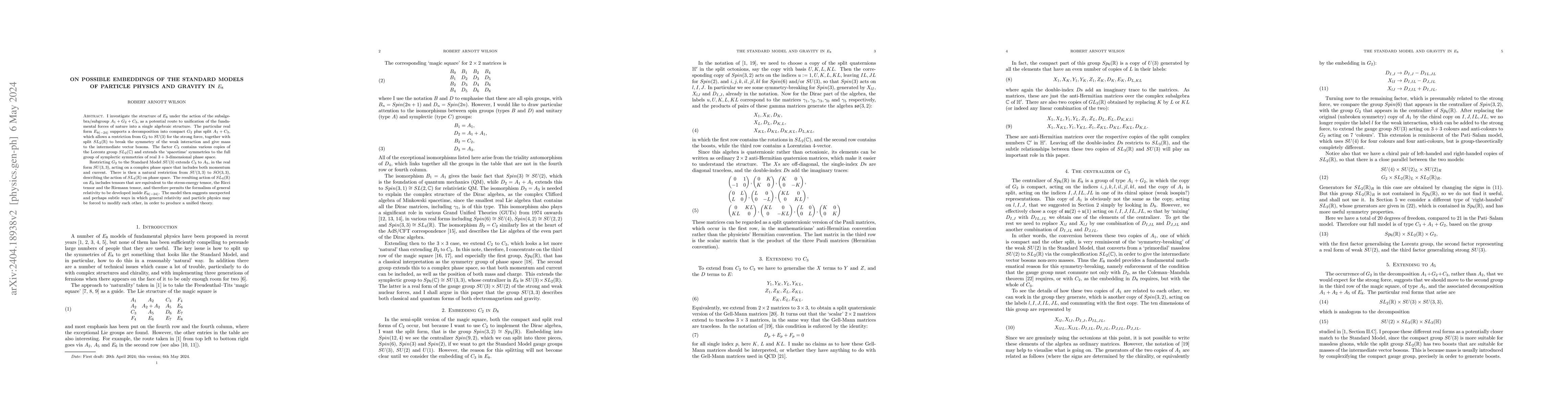 Thumbnail for On possible embeddings of the standard model of particle physics and
  gravity in $E_8$