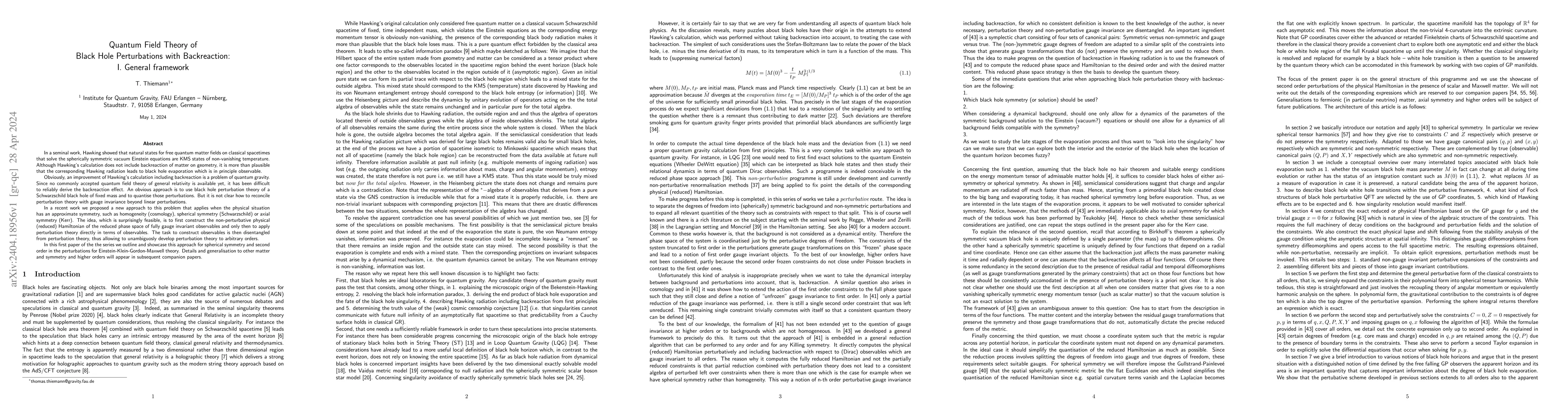 Thumbnail for Quantum Field Theory of Black Hole Perturbations with Backreaction: I.
  General framework