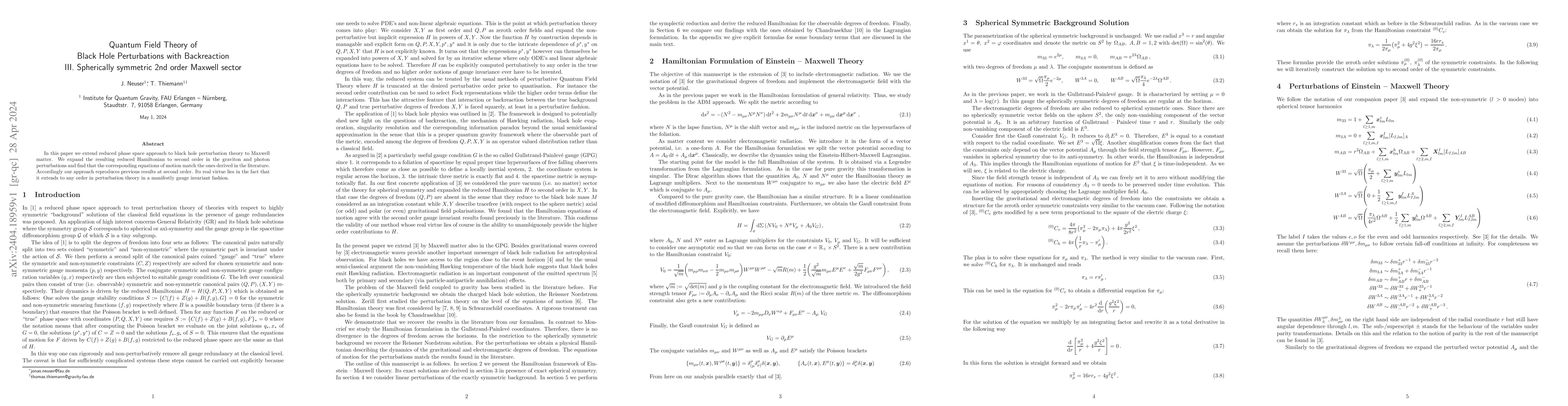 Thumbnail for Quantum Field Theory of Black Hole Perturbations with Backreaction III.
  Spherically symmetric 2nd order Maxwell sector