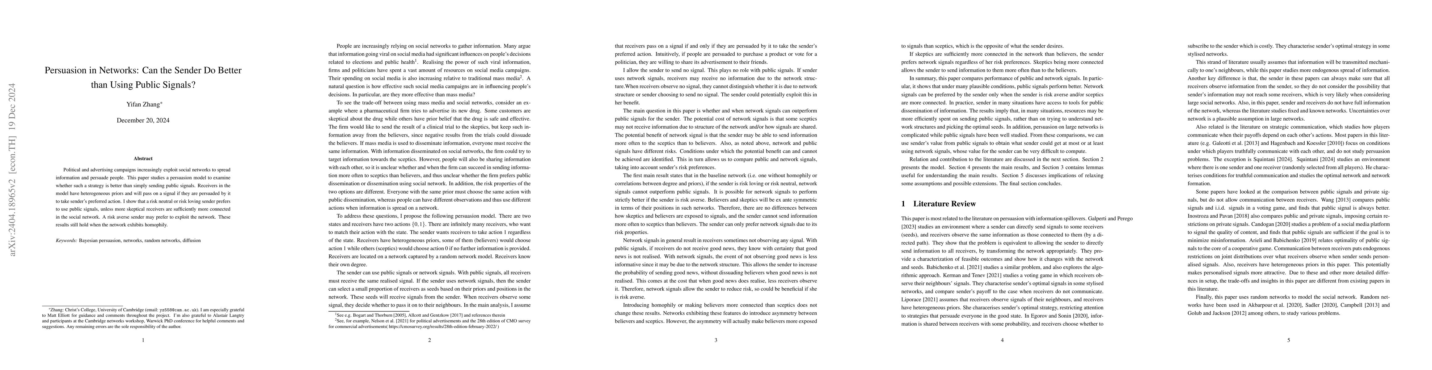 Thumbnail for Persuasion in Networks: Can the Sender Do Better than Using Public
  Signals?