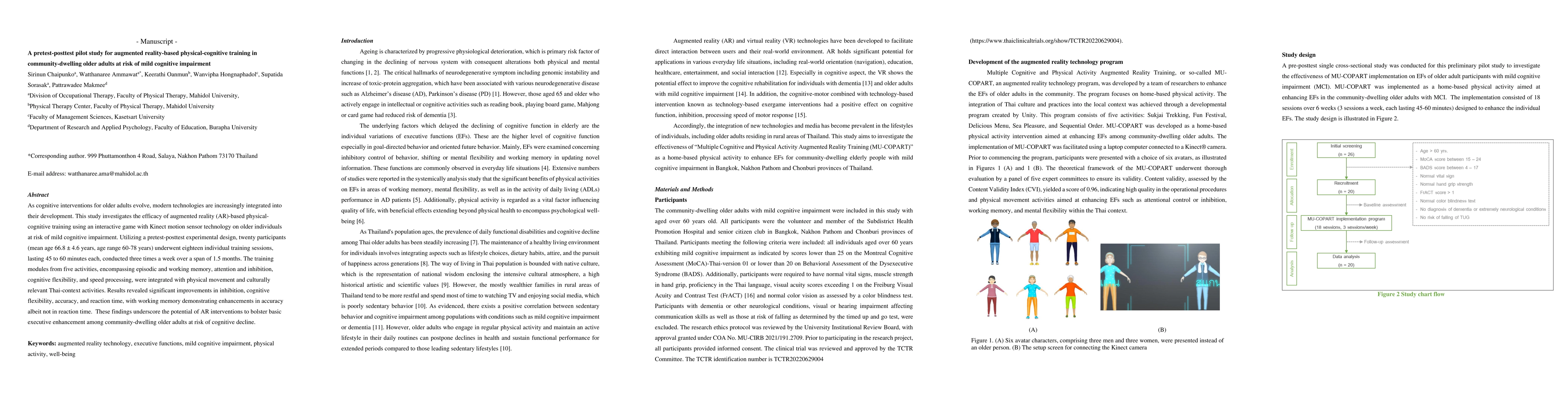 Thumbnail for A pretest-posttest pilot study for augmented reality-based
  physical-cognitive training in community-dwelling older adults at risk of
  mild cognitive impairment