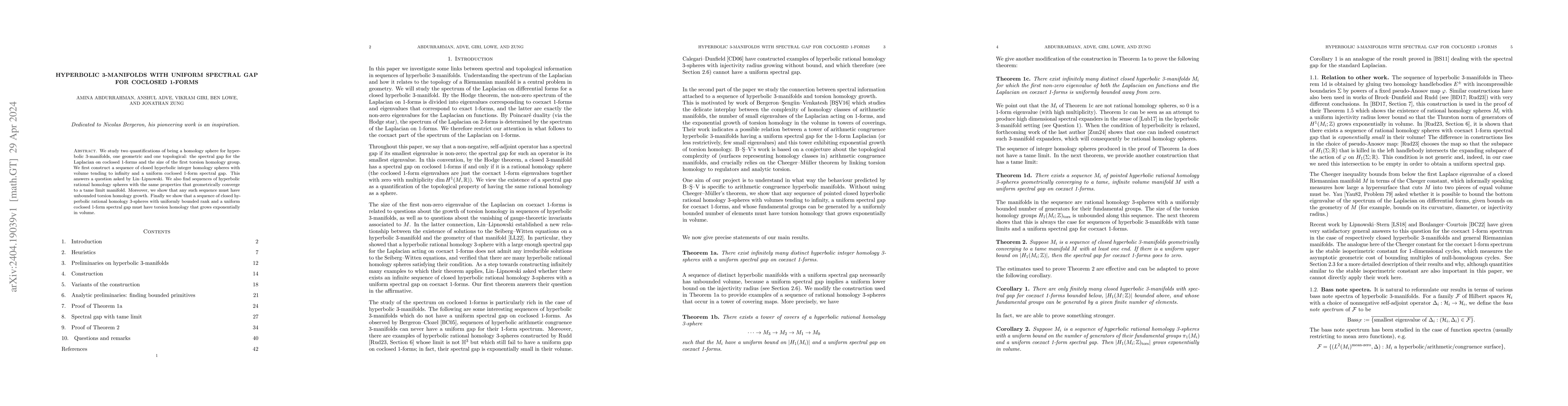 Thumbnail for Hyperbolic 3-manifolds with uniform spectral gap for coclosed 1-forms