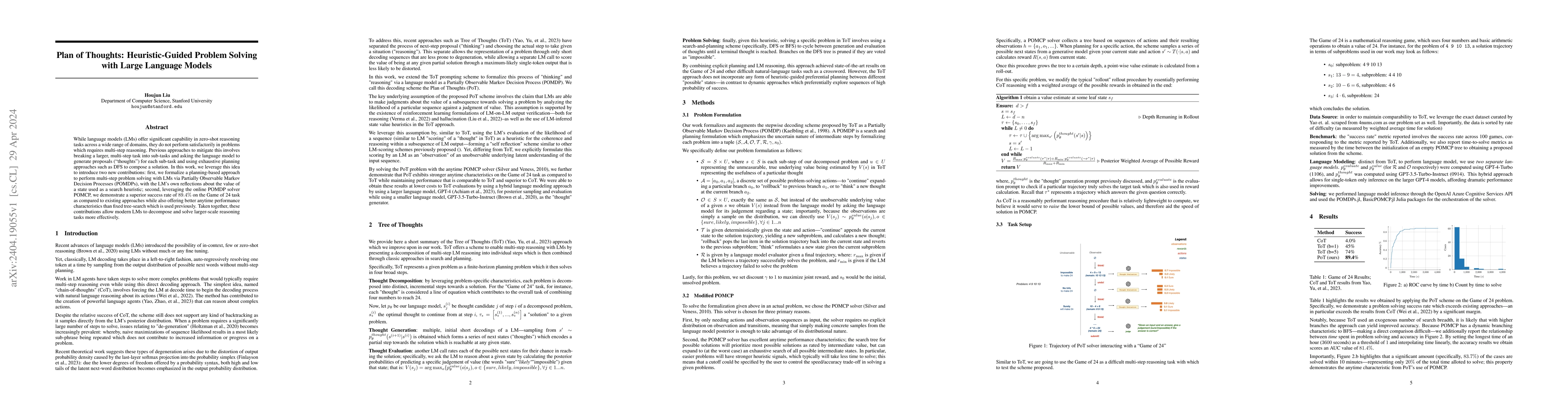 Thumbnail for Plan of Thoughts: Heuristic-Guided Problem Solving with Large Language
  Models