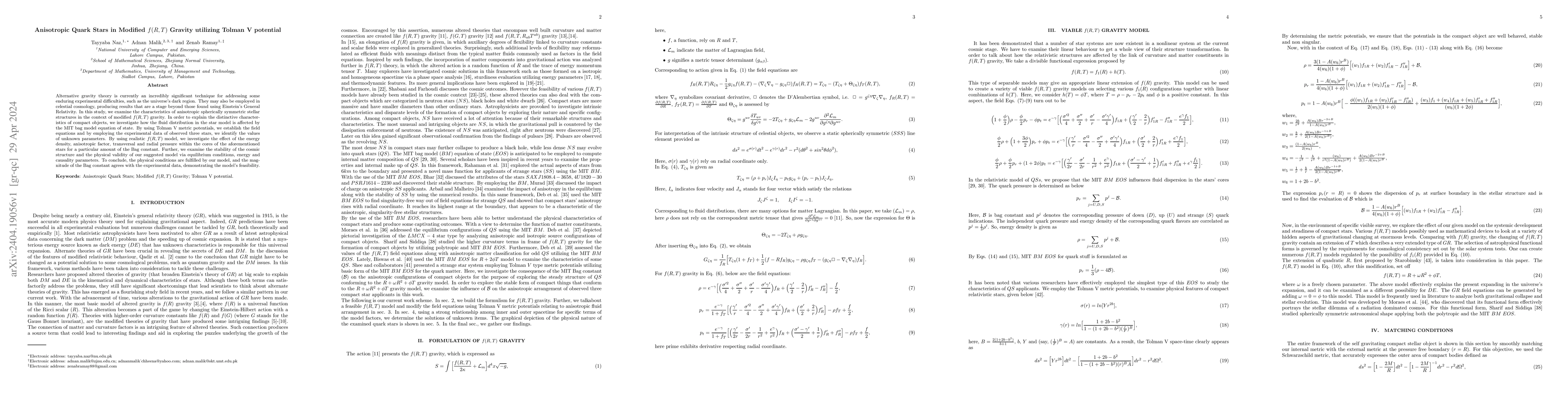 Thumbnail for Anisotropic Quark Stars in Modified $f(R,T)$ Gravity utilizing Tolman V
  potential