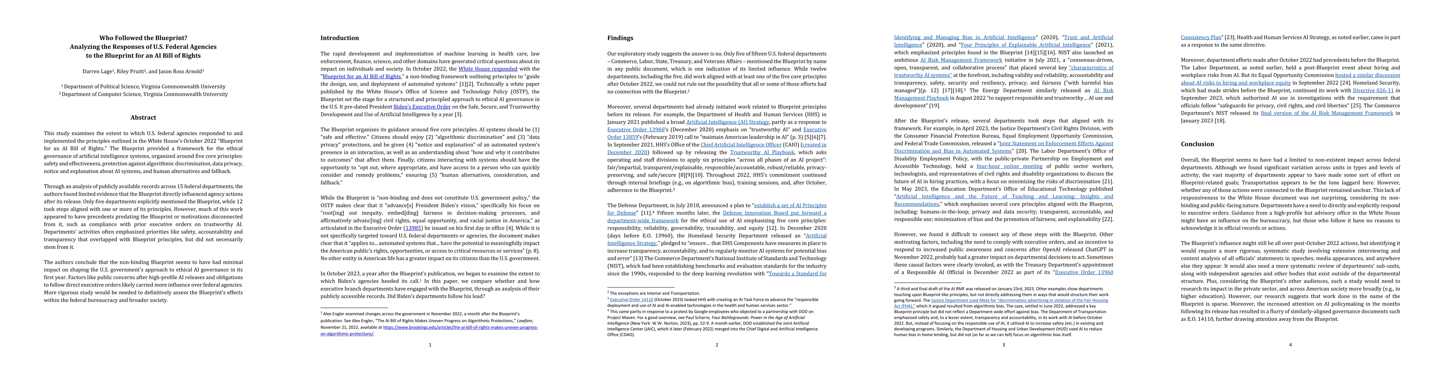 Thumbnail for Who Followed the Blueprint? Analyzing the Responses of U.S. Federal
  Agencies to the Blueprint for an AI Bill of Rights