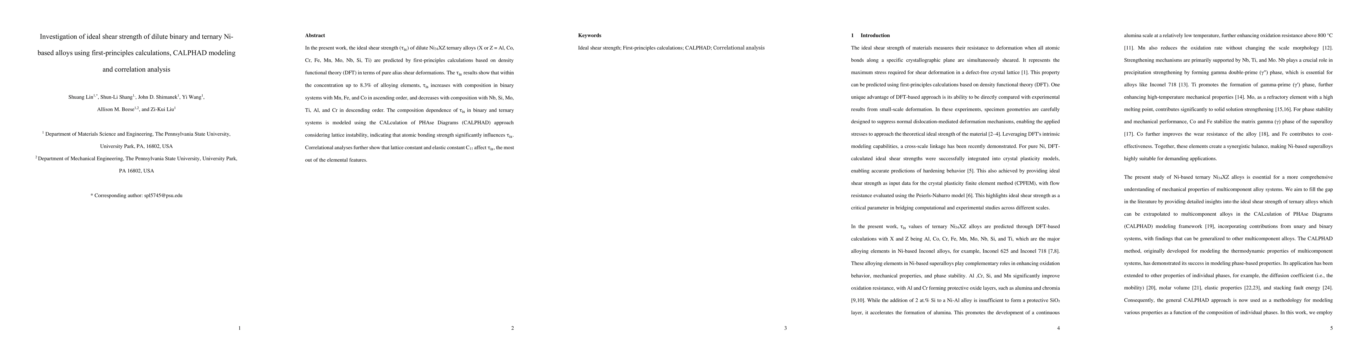 Thumbnail for Investigation of ideal shear strength of dilute binary and ternary
  Ni-based alloys using first-principles calculations, CALPHAD modeling and
  correlation analysis