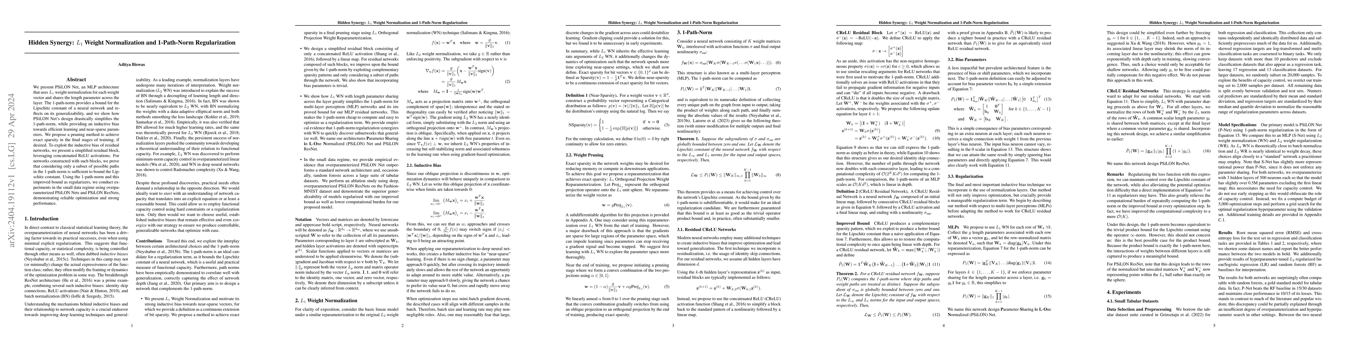 Thumbnail for Hidden Synergy: $L_1$ Weight Normalization and 1-Path-Norm
  Regularization
