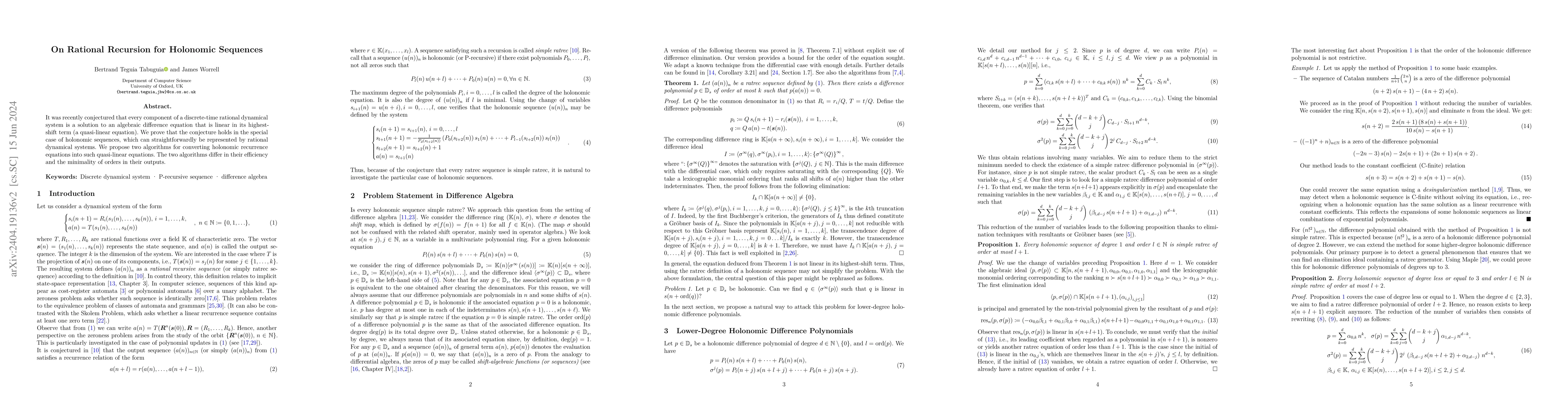 Thumbnail for On Rational Recursion for Holonomic Sequences