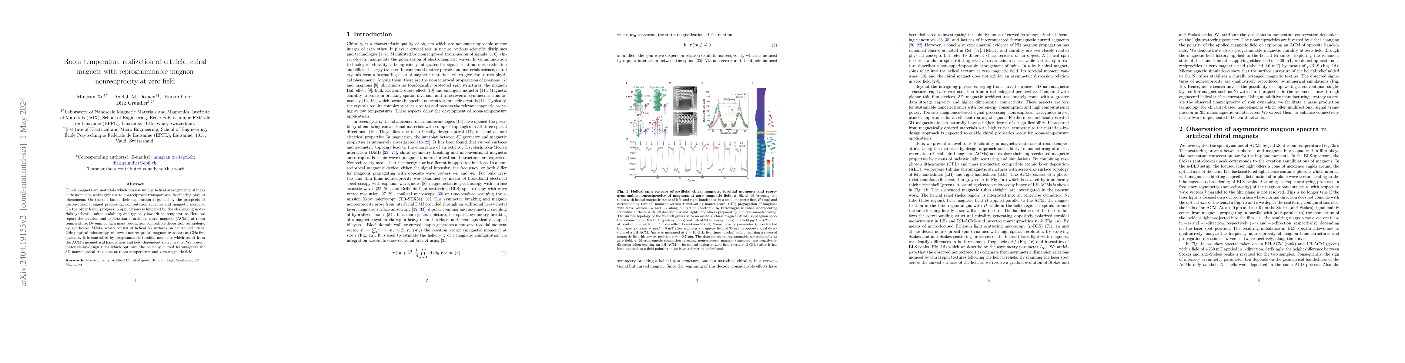 Thumbnail for Room temperature realization of artificial chiral magnets with
  reprogrammable magnon nonreciprocity at zero field