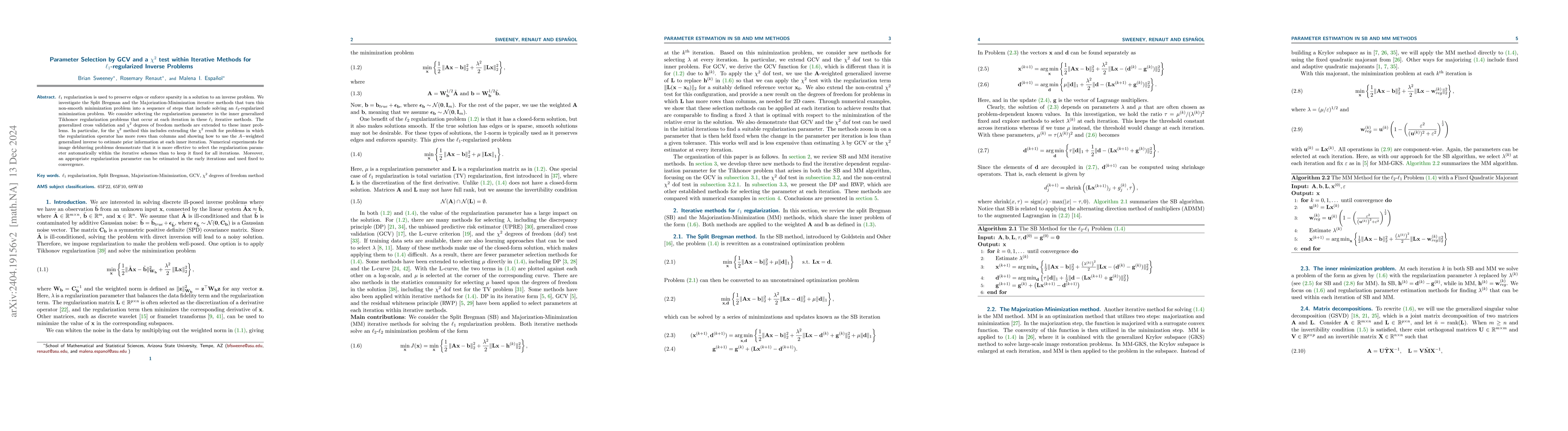 Thumbnail for Parameter Selection by GCV and a $\chi^2$ test within Iterative Methods
  for $\ell_1$-regularized Inverse Problems