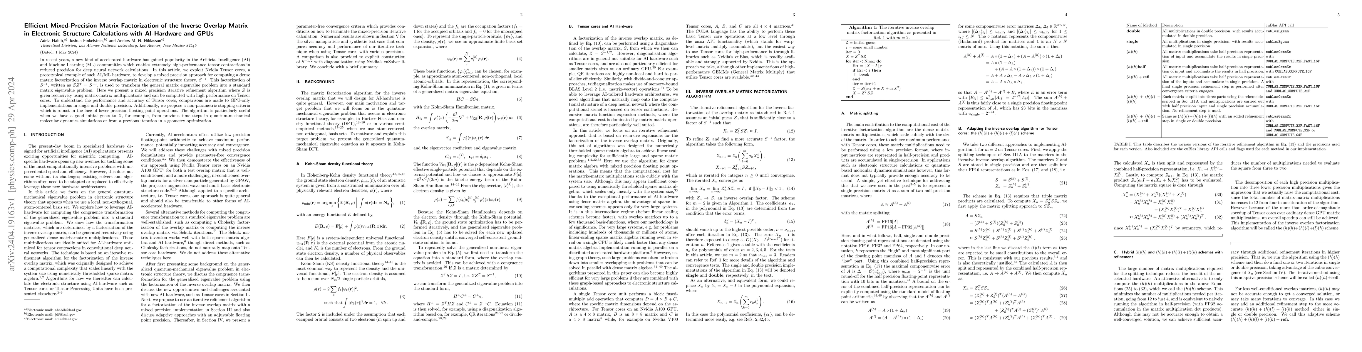 Thumbnail for Efficient Mixed-Precision Matrix Factorization of the Inverse Overlap
  Matrix in Electronic Structure Calculations with AI-Hardware and GPUs
