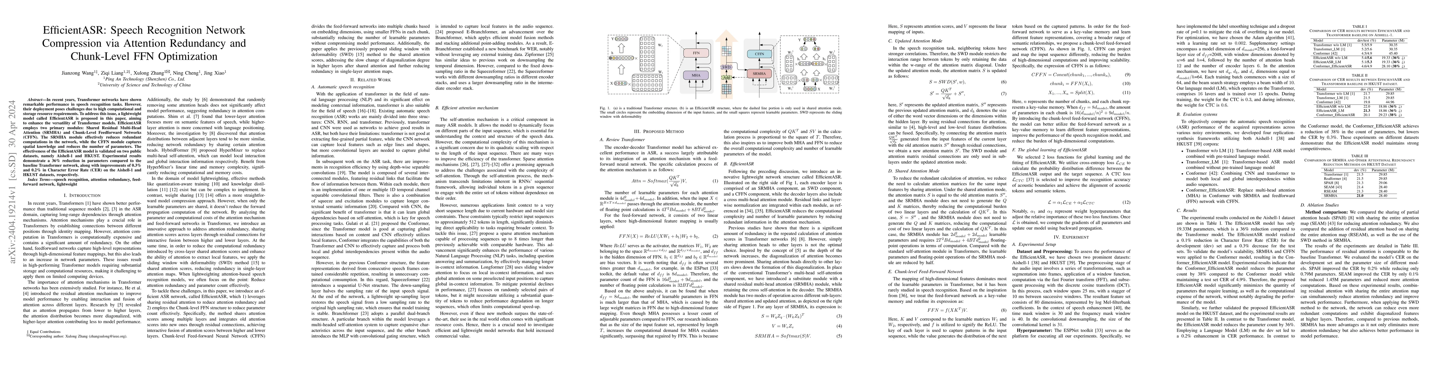 Thumbnail for EfficientASR: Speech Recognition Network Compression via Attention
  Redundancy and Chunk-Level FFN Optimization
