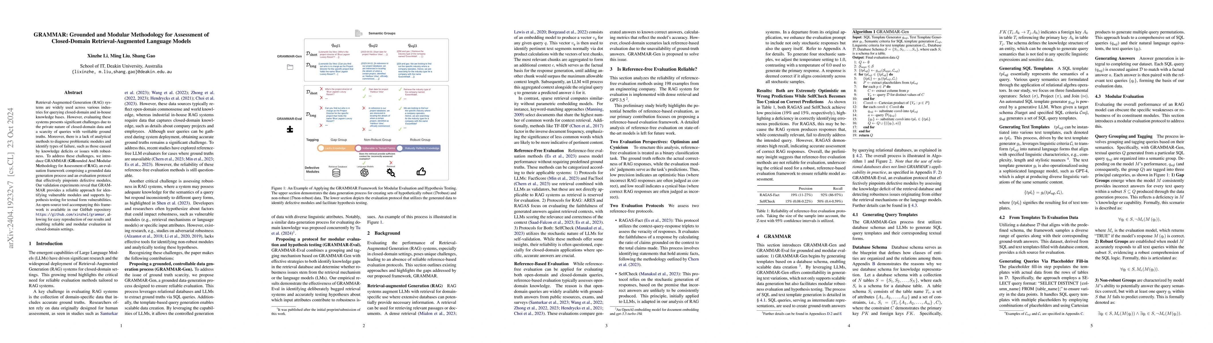 Thumbnail for GRAMMAR: Grounded and Modular Methodology for Assessment of
  Closed-Domain Retrieval-Augmented Language Model