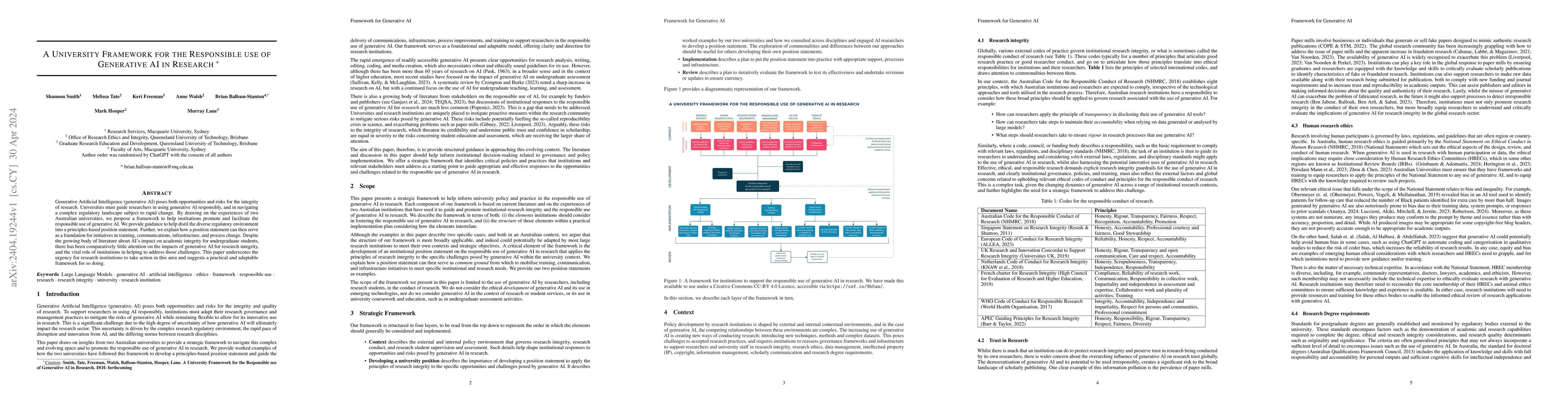 Thumbnail for A University Framework for the Responsible use of Generative AI in
  Research