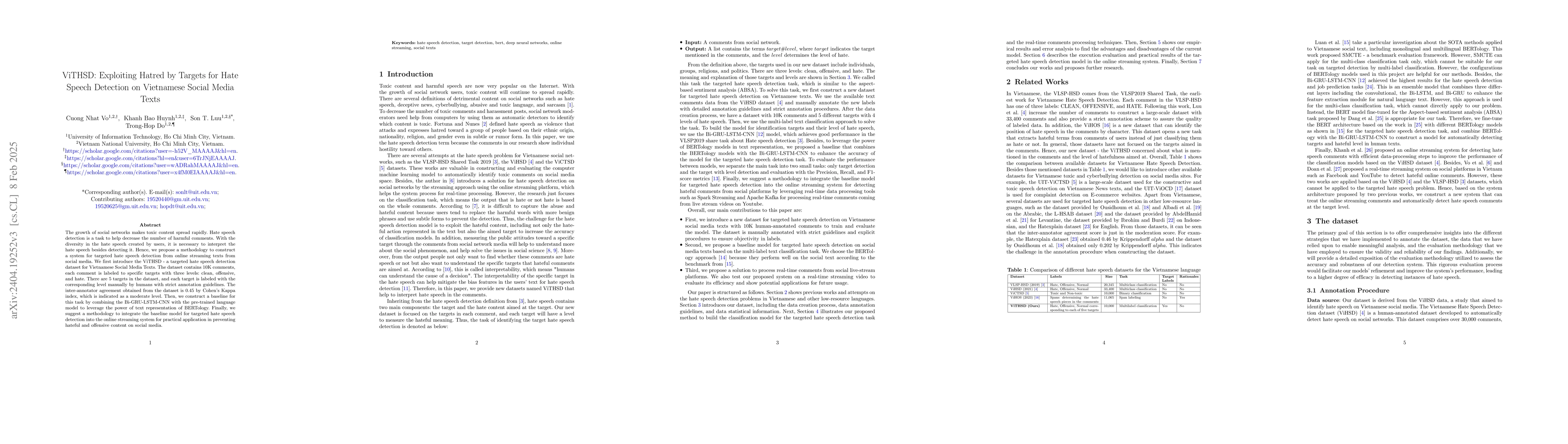 Thumbnail for Exploiting Hatred by Targets for Hate Speech Detection on Vietnamese
  Social Media Texts
