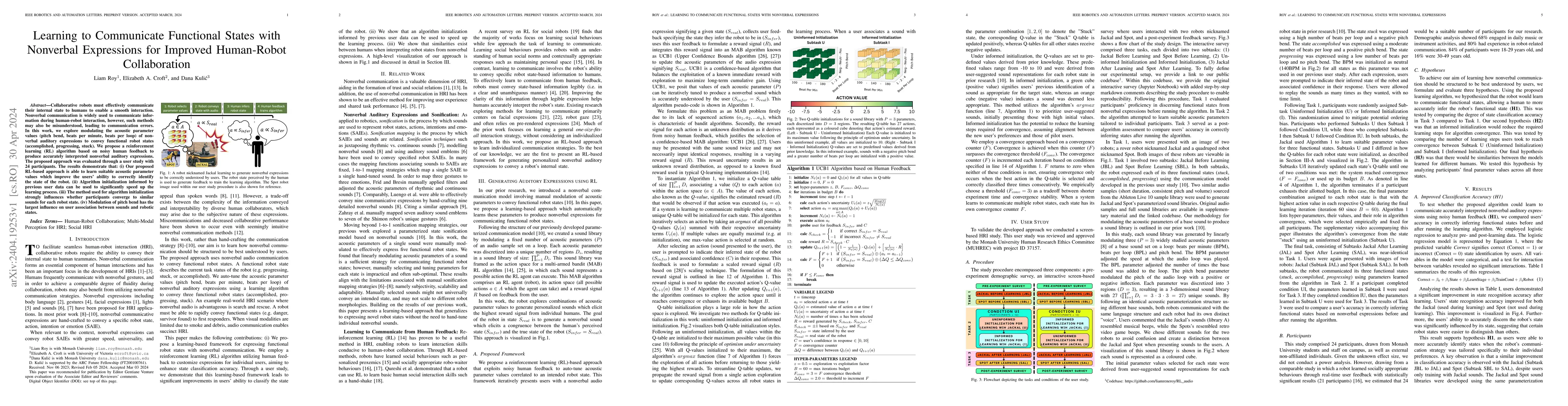 Thumbnail for Learning to Communicate Functional States with Nonverbal Expressions for
  Improved Human-Robot Collaboration