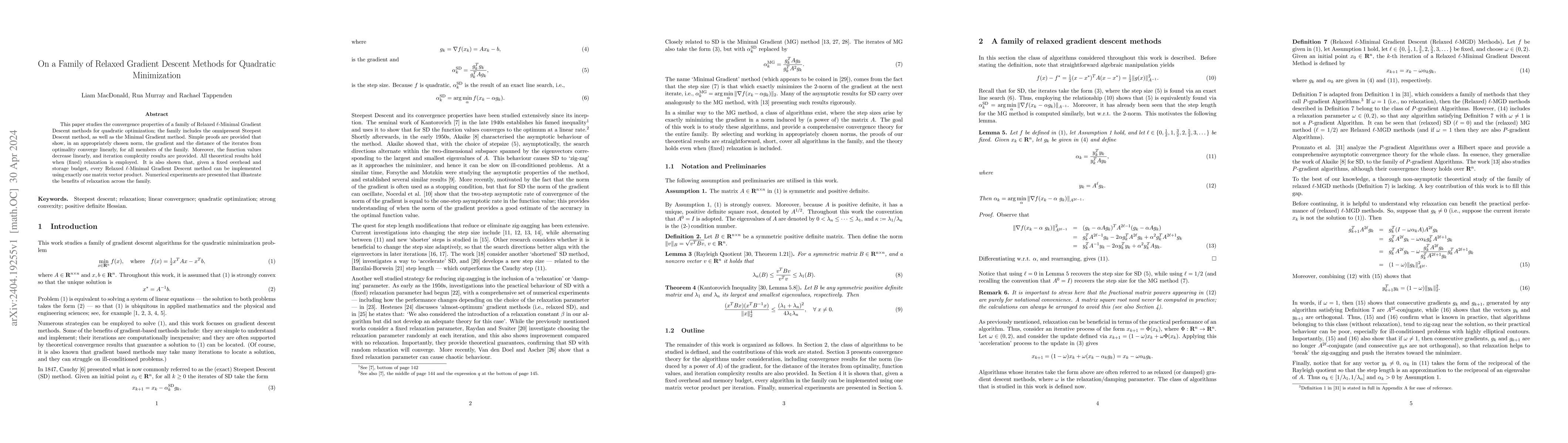 Thumbnail for On a Family of Relaxed Gradient Descent Methods for Quadratic
  Minimization