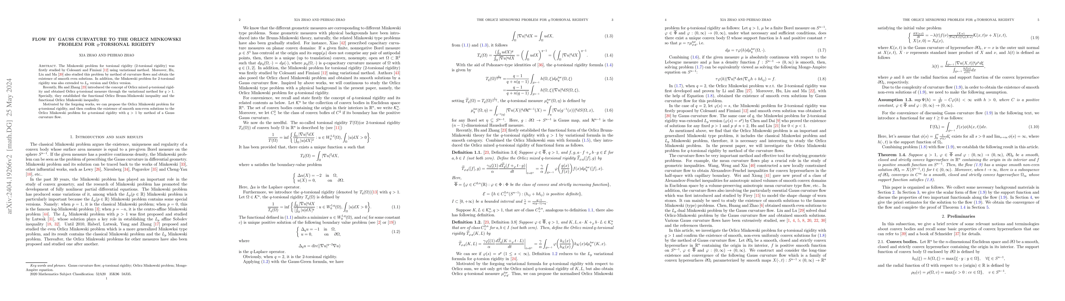 Thumbnail for Flow by Gauss Curvature to the Orlicz Minkowski Problem for q-torsional
  rigidity