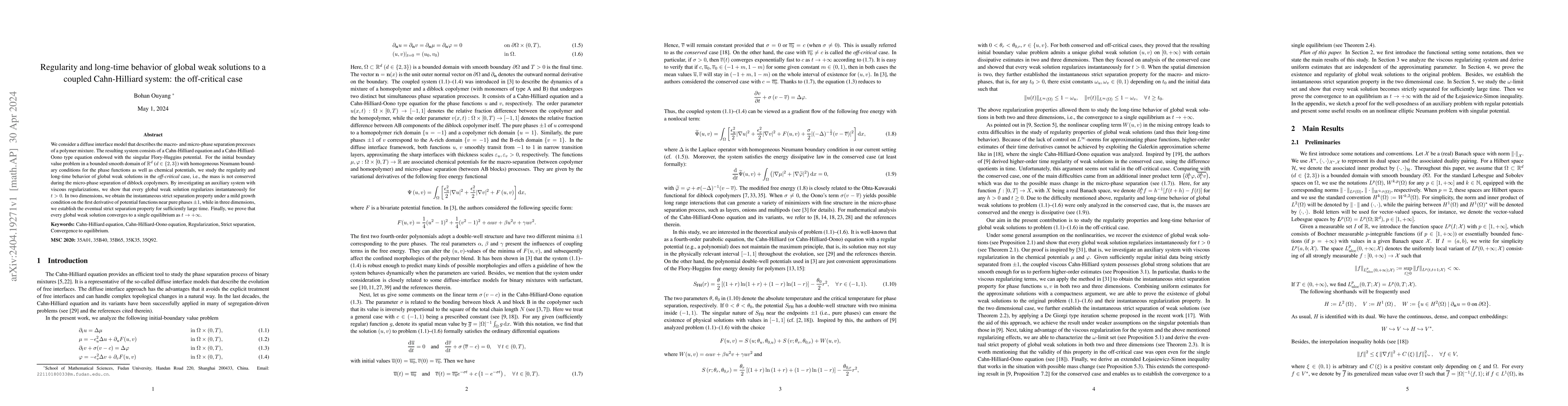 Thumbnail for Regularity and long-time behavior of global weak solutions to a coupled
  Cahn-Hilliard system: the off-critical case