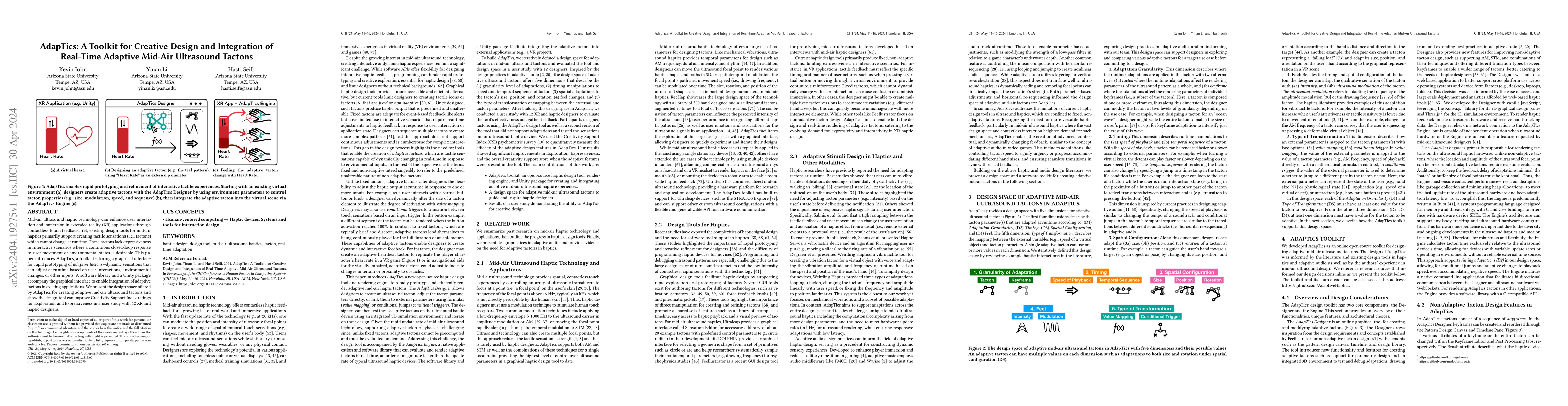 Thumbnail for AdapTics: A Toolkit for Creative Design and Integration of Real-Time
  Adaptive Mid-Air Ultrasound Tactons