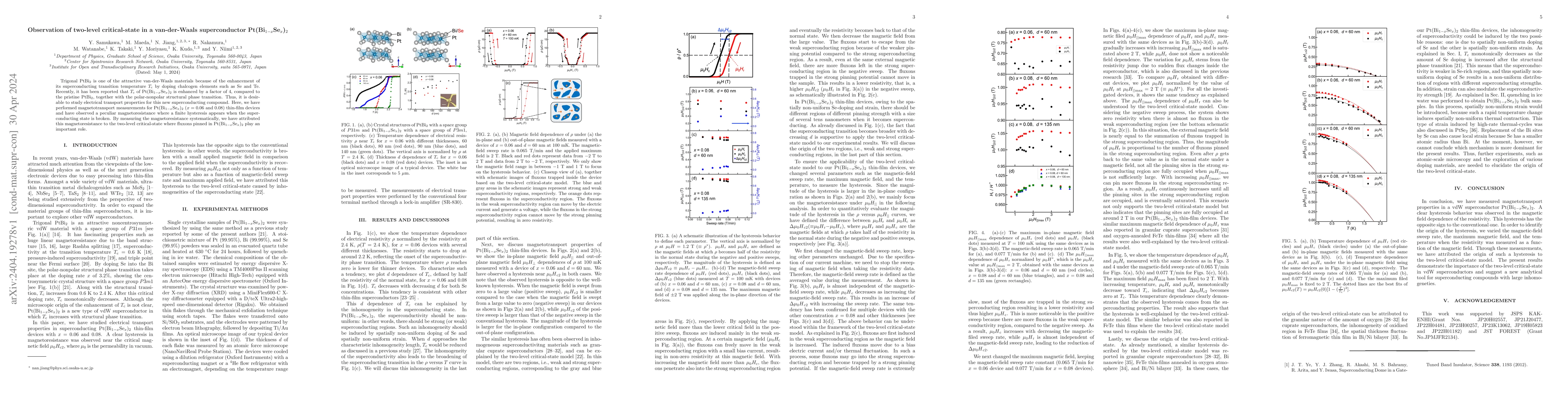 Thumbnail for Observation of two-level critical-state in a van-der-Waals
  superconductor Pt(Bi$_{1-x}$Se$_x$)$_2$