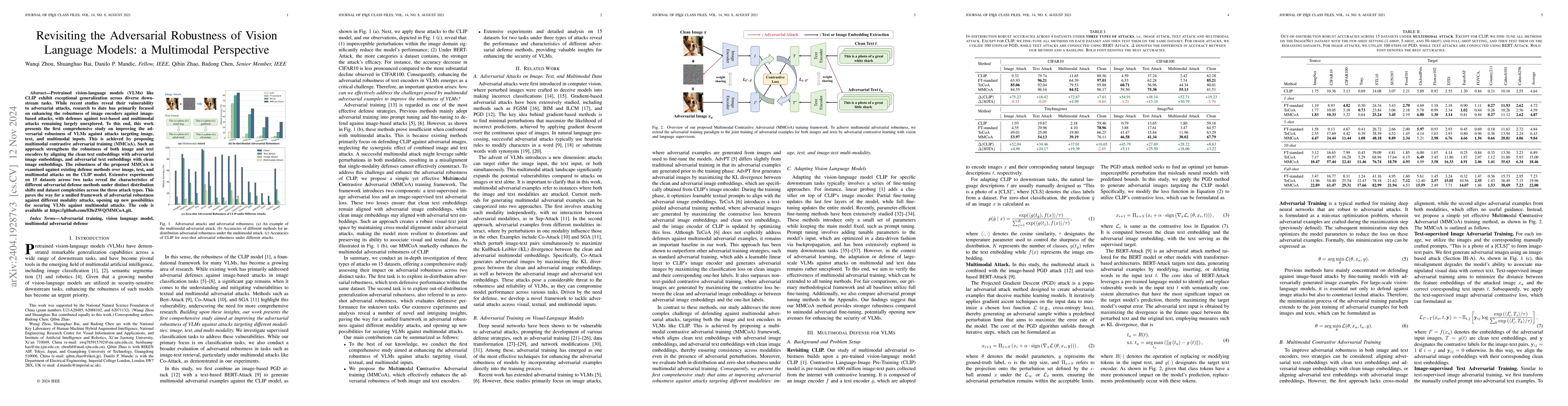 Thumbnail for Revisiting the Adversarial Robustness of Vision Language Models: a
  Multimodal Perspective