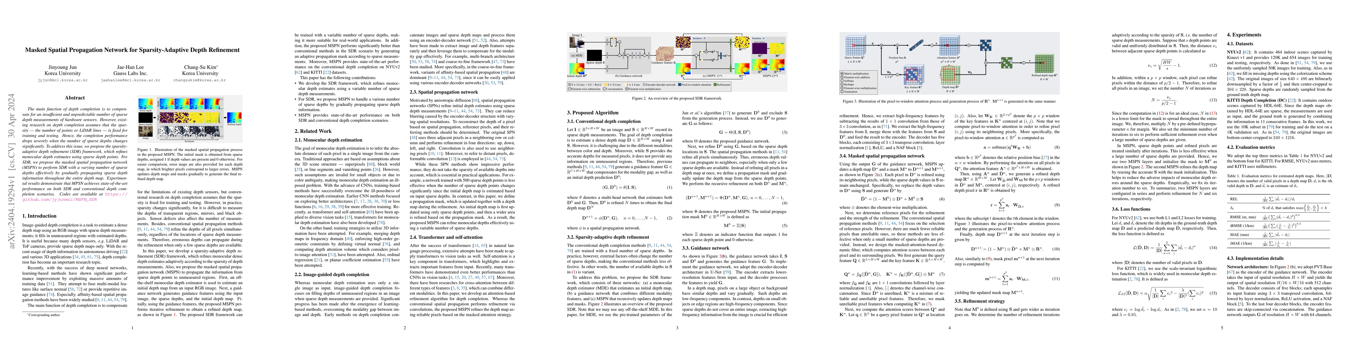 Thumbnail for Masked Spatial Propagation Network for Sparsity-Adaptive Depth
  Refinement