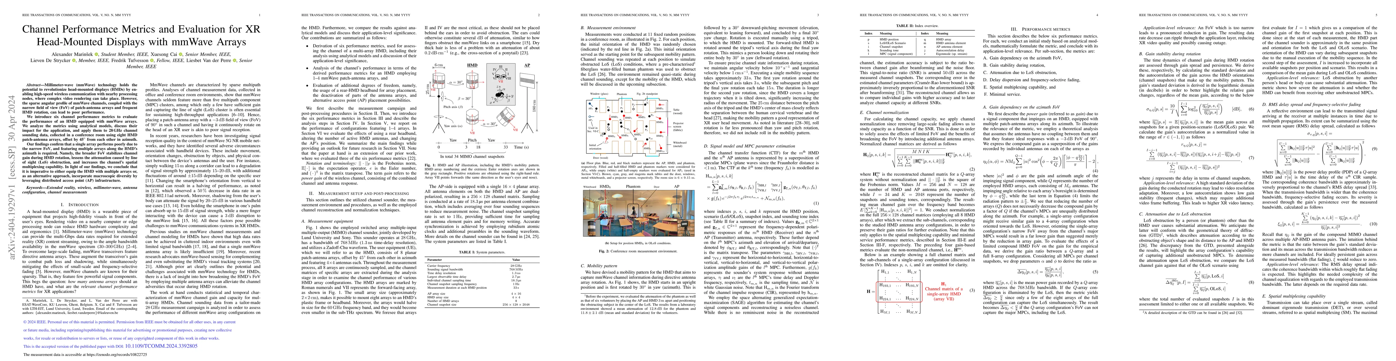 Thumbnail for Channel Performance Metrics and Evaluation for XR Head-Mounted Displays
  with mmWave Arrays