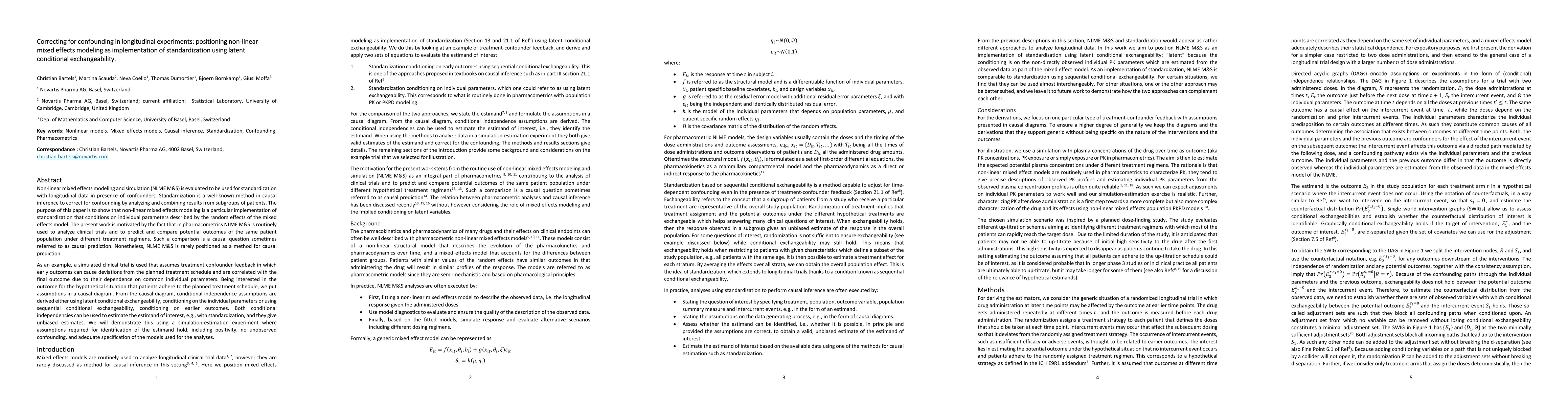 Thumbnail for Correcting for confounding in longitudinal experiments: positioning
  non-linear mixed effects modeling as implementation of standardization using
  latent conditional exchangeability