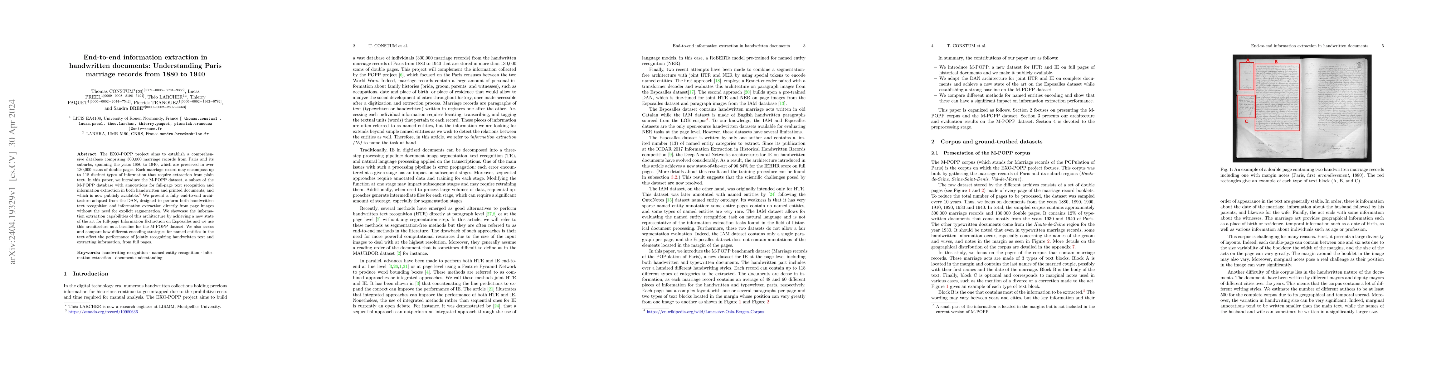 Thumbnail for End-to-end information extraction in handwritten documents:
  Understanding Paris marriage records from 1880 to 1940