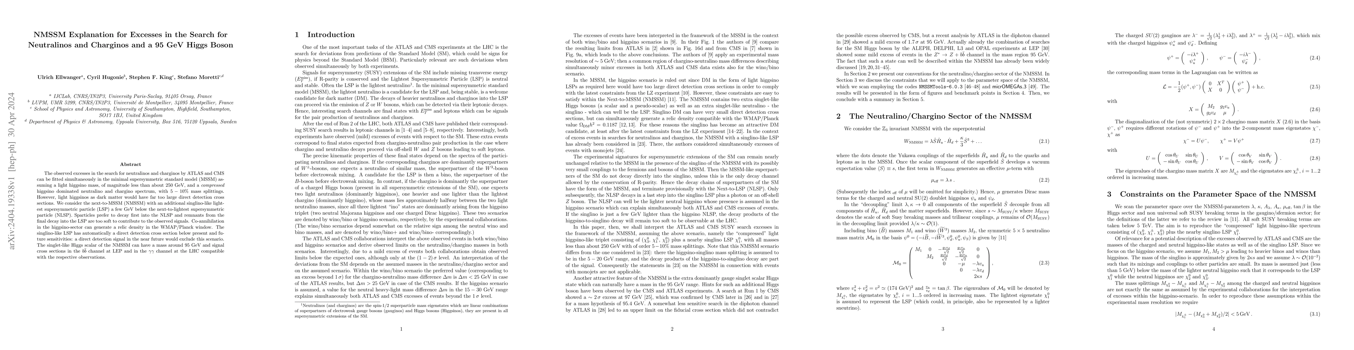 Thumbnail for NMSSM Explanation for Excesses in the Search for Neutralinos and
  Charginos and a 95 GeV Higgs Boson