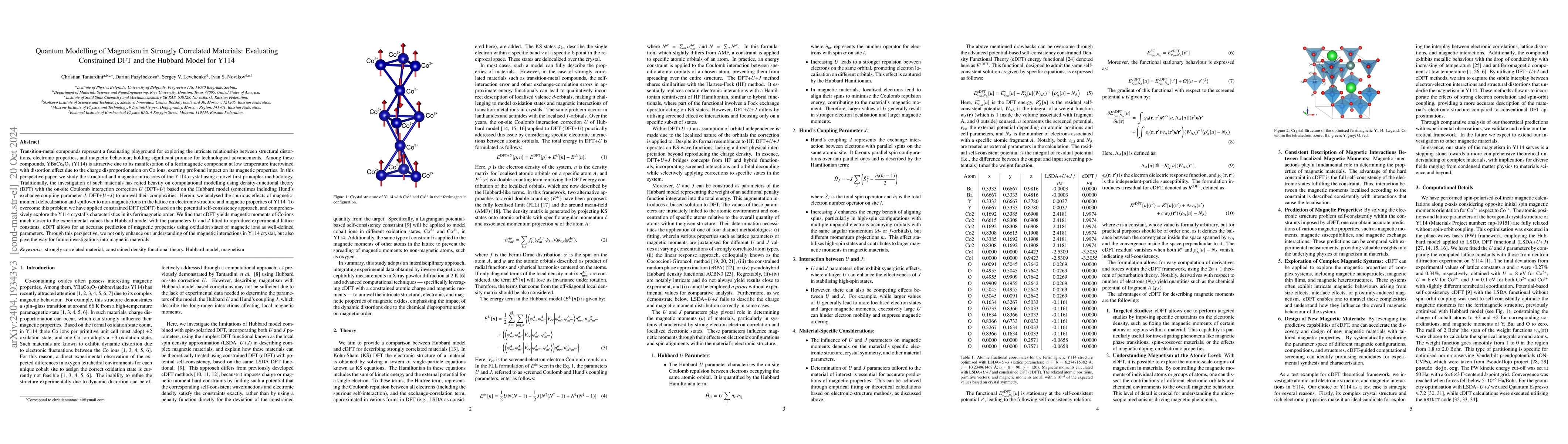 Thumbnail for Quantum Modelling of Magnetism in Strongly Correlated Materials:
  Evaluating Constrained DFT and LDA+$U$+$J$ for Y114