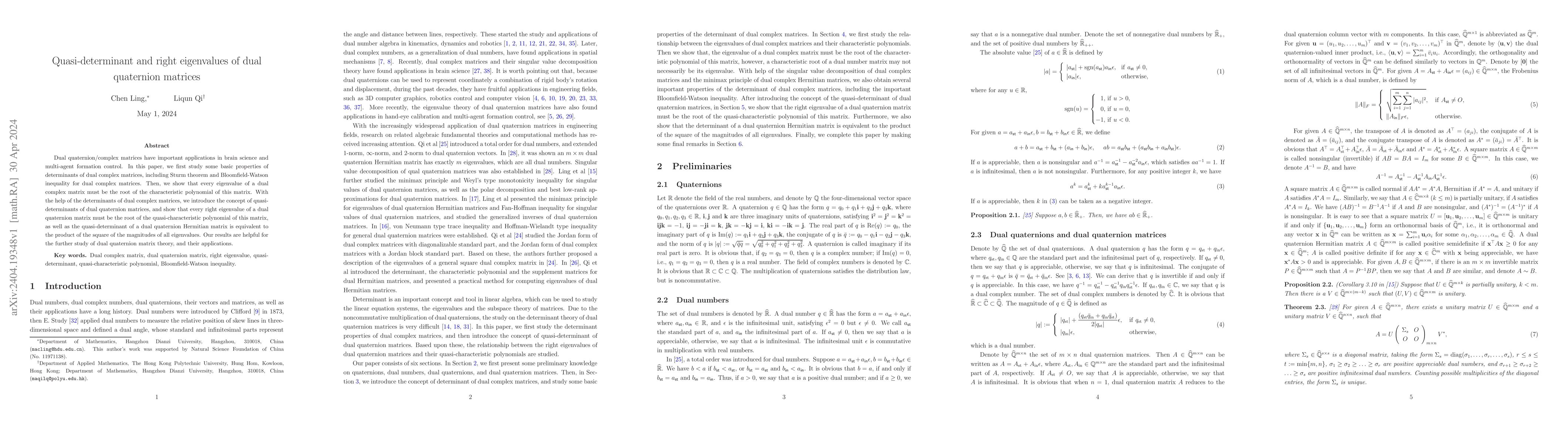 Thumbnail for Quasi-determinant and right eigenvalues of dual quaternion matrices