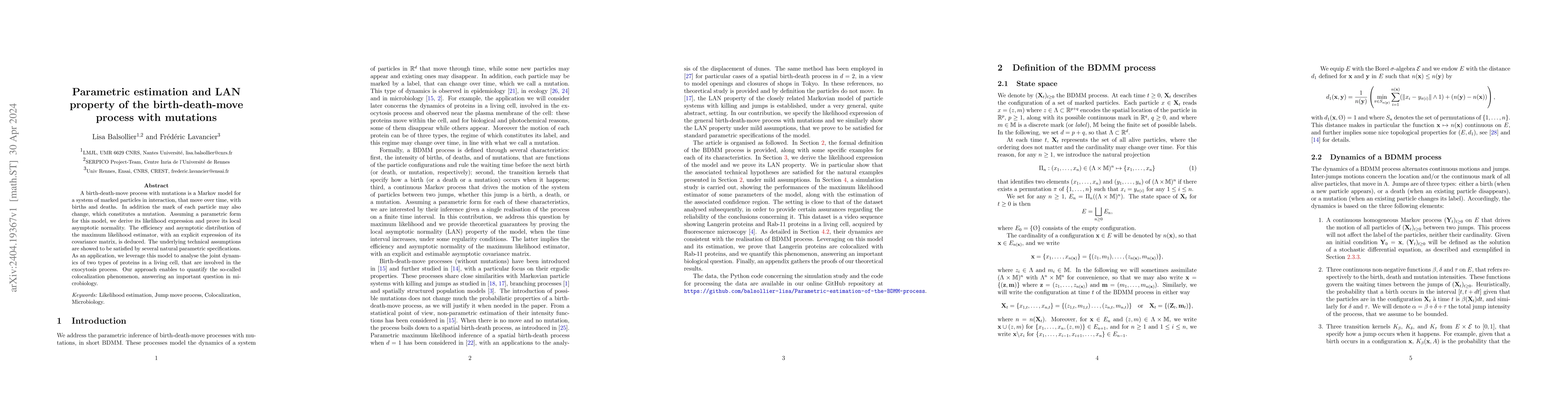 Thumbnail for Parametric estimation and LAN property of the birth-death-move process
  with mutations