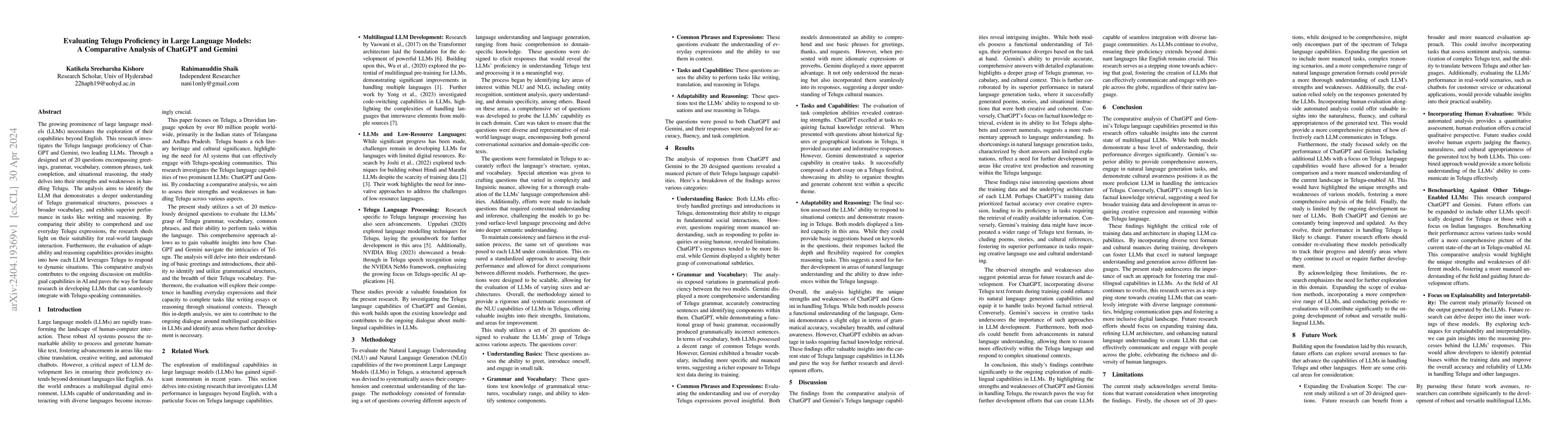 Thumbnail for Evaluating Telugu Proficiency in Large Language Models_ A Comparative
  Analysis of ChatGPT and Gemini
