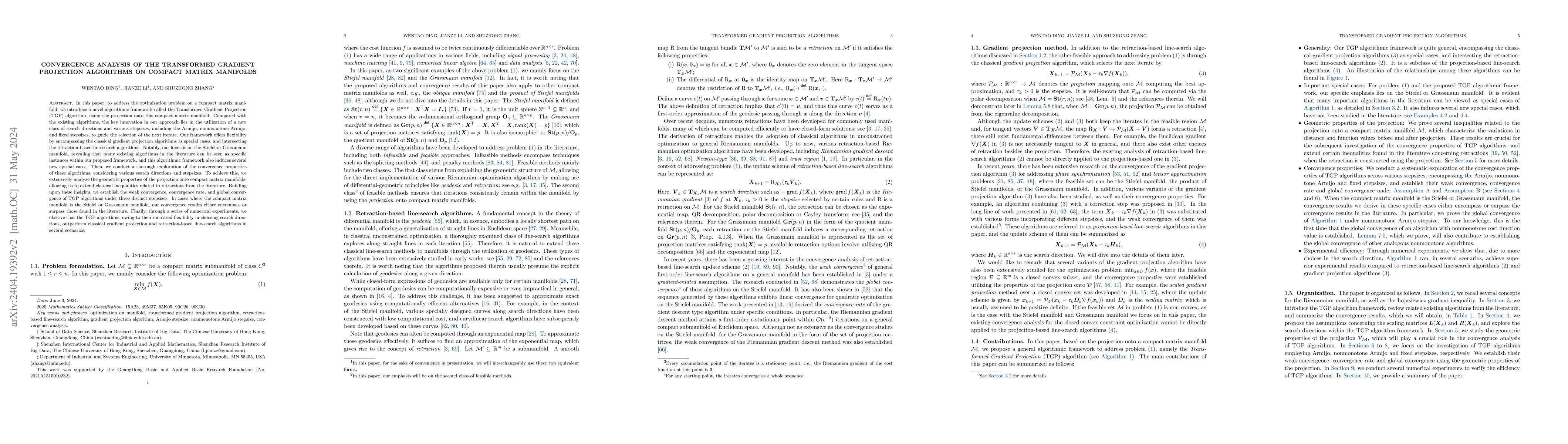 Thumbnail for Convergence analysis of the transformed gradient projection algorithms
  on compact matrix manifolds